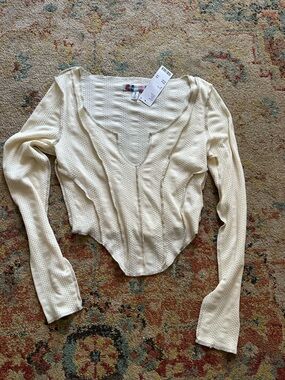 Urban Outfitters Cream Ribbed Deep V Long Sleeve Top